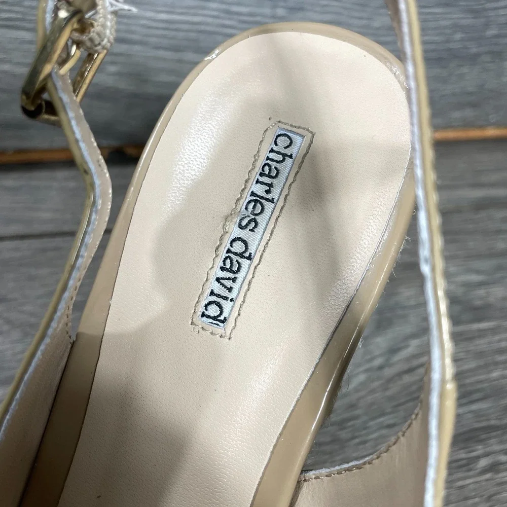 Charles David Sandals Womens 8 Beige Espadrille Strappy Wedge Heels Leather Open